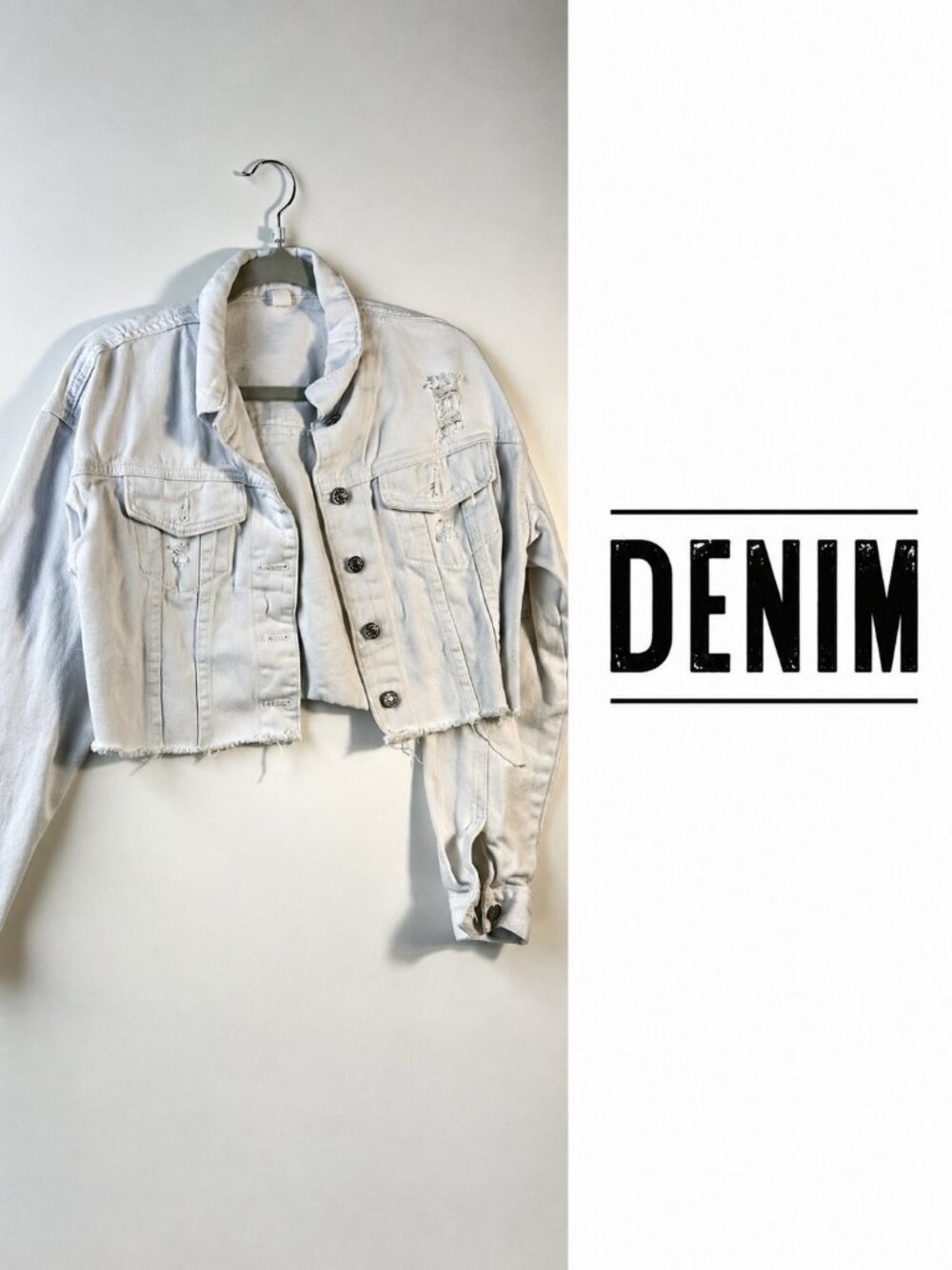 White Cropped Distressed Denim Jacket Size M Raw Hem